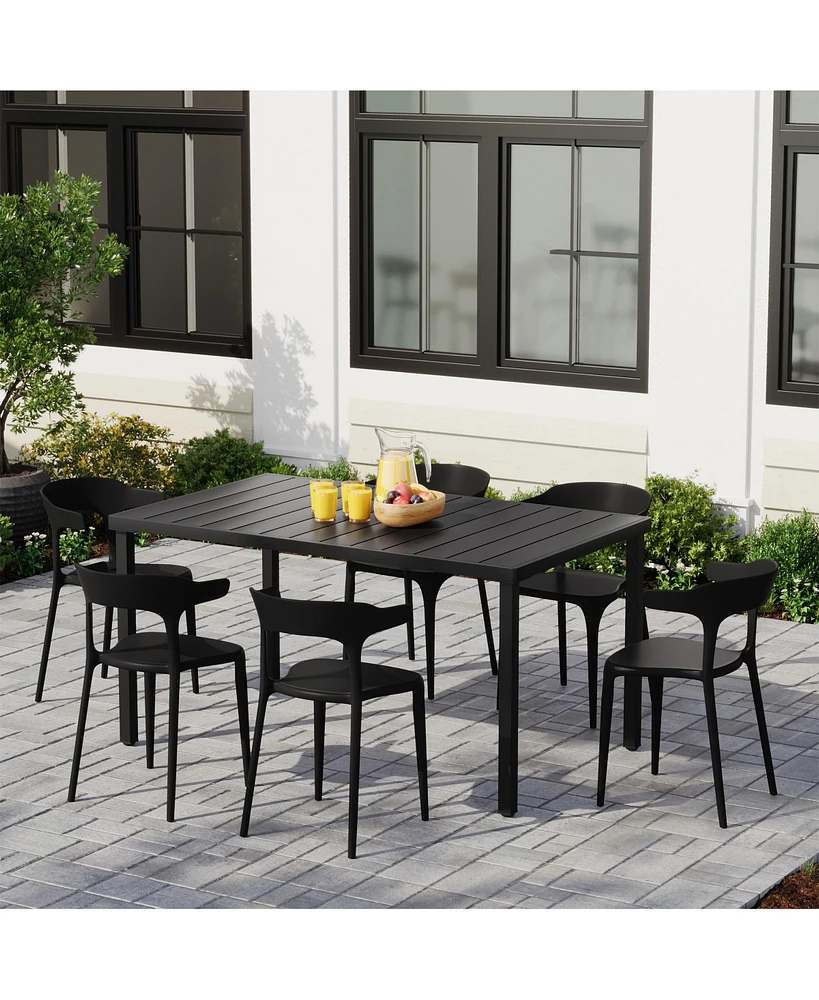 7-Piece Outdoor Metal Rectangle Patio Dining Table Set With Stackable Plastic Chairs For 6