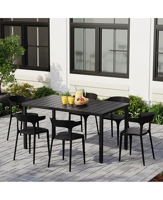 7-Piece Outdoor Metal Rectangle Patio Dining Table Set With Stackable Plastic Chairs For 6