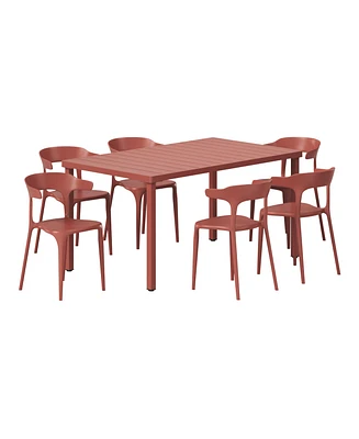 7-Piece Outdoor Metal Rectangle Patio Dining Table Set With Stackable Plastic Chairs For 6