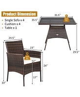 Gymax 5PCS Rattan Patio Dining Table Set Outdoor Furniture Set w/ 4 Seat Cushions