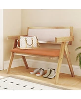 Rubber Wood Dining Bench – Armrests, Sherpa Upholstered Backrest, and Soft Padded Seat for Kitchen or Living Room Seating