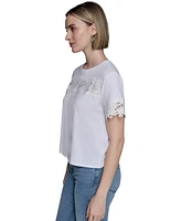 Karl Lagerfeld Paris Petite Short-Sleeve Cutout Knit Top
