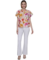 Karl Lagerfeld Paris Petite Floral-Print Flutter-Sleeve Top