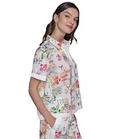 Karl Lagerfeld Paris Petite Short-Sleeve Multi-Print Camp Shirt