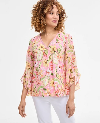 Jm Collection Women's Printed Embellished V-Neck Ruffle-Sleeve Top