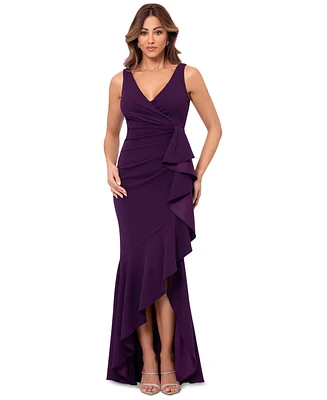 Betsy & Adam Petite Ruffled High-Low Mermaid Gown