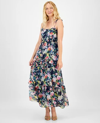 julia jordan Women's Printed Tie-Strap Tiered Maxi Dress