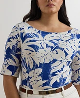 Lauren Ralph Plus Palm-Frond-Print Cotton Boatneck Tee