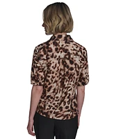 Halston Women's Cotton Printed Elbow-Sleeve Button-Front Blouse