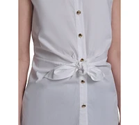 Halston Women's Cotton Tie-Waist Button-Front Sleeveless Blouse