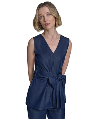Halston Women's Denim-Like Tie-Waist Sleeveless Top