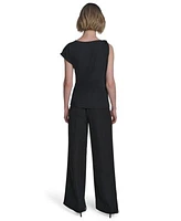 Halston Womens Asymmetric One Shoulder Hardware Top Horsebit Buckle Straight Leg Pants