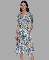 Karl Lagerfeld Paris Women's Printed Scene Belted High-Low Shirtdress
