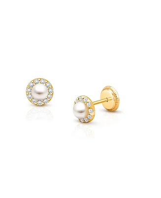 Tiny Blessings Children's 14K Gold Pearl Halo Studs Girls' Screw Back Earrings