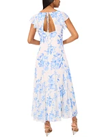 CeCe Women's Printed V-Neck Flutter-Sleeve Chiffon Dress