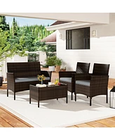 4 Pieces Patio Conversation Set, Patio Pe Rattan Outdoor Set w/