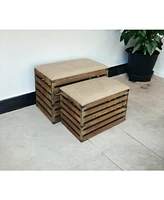Set Of 2 Rectangular Linen Fabric And Wood Slats Storage Benches
