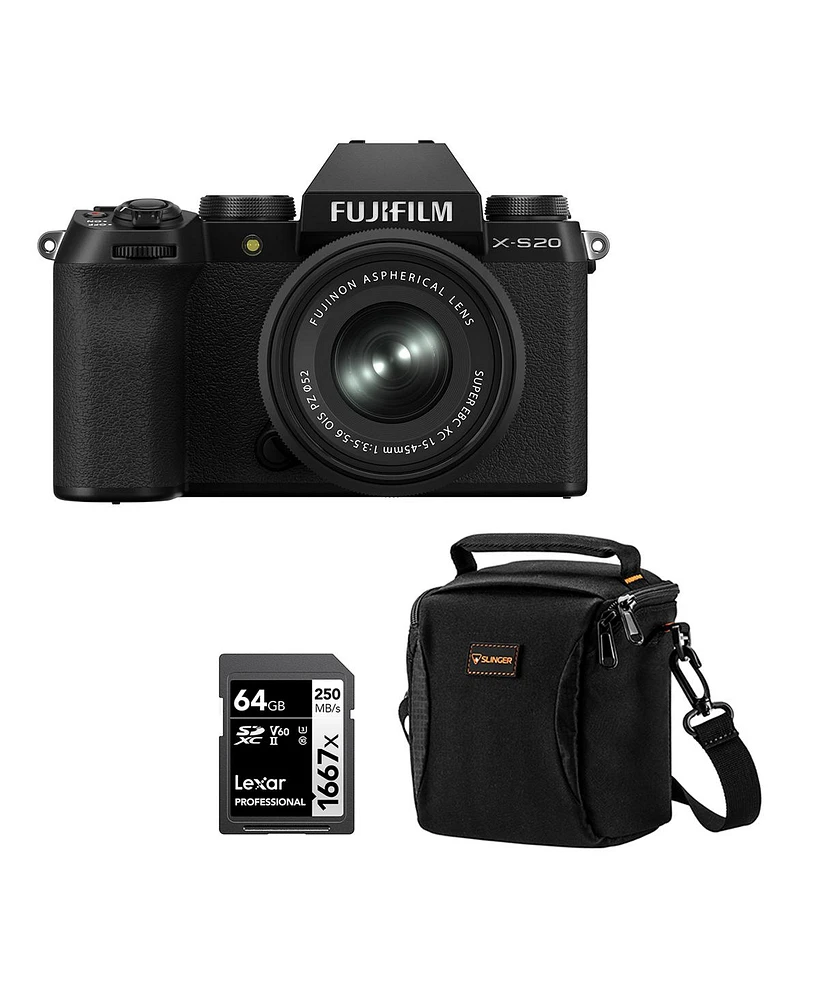 Fujifilm X-S20 Mirrorless Camera with Xc 15-45mm f/3.5-5.6 Ois Pz Lens, Black, Bundle with 64GB Memory Card and Shoulder Bag