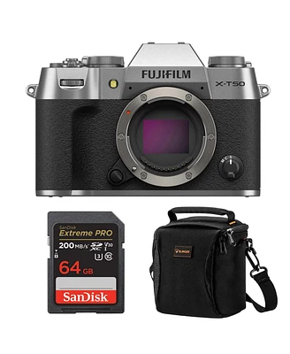 Fujifilm X-T50 Mirrorless Camera, Silver, Bundle with 64GB Sdxc Memory Card and Shoulder Bag