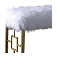 18" White and Gold Upholstered Faux Fur Bench