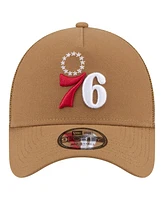 New Era Men's Tan Philadelphia 76ers 9FORTY A-Frame Trucker Adjustable Hat