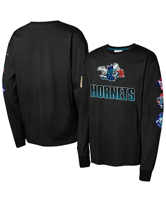 Mitchell & Ness Big Boys and Girls Black Charlotte Hornets Hardwood Classic All Over Long Sleeve T-Shirt