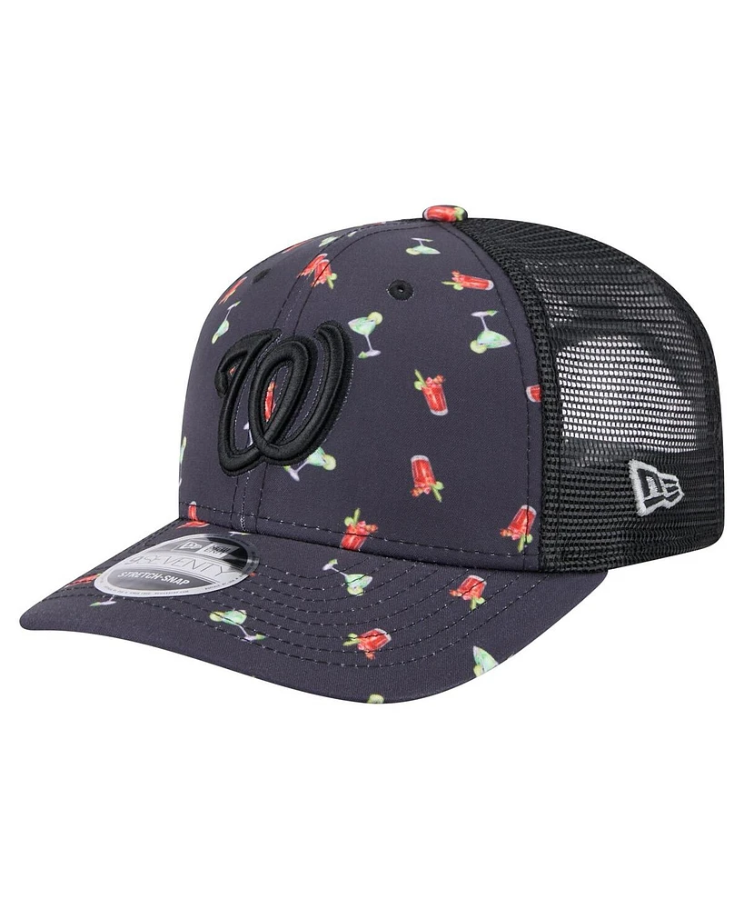 New Era Men's Black Washington Nationals Adventure Drinks Pattern 9SEVENTY Stretch-Snap Hat