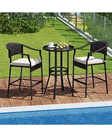 3 Pcs Patio Rattan Bar Set Wicker Armchairs & Round Table with Tempered Glass Top