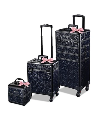 Byootique Rolling Makeup Train Case 3-Piece Cosmetic Organizer Kit Trolley Organizer Travel Case Lockable Salon Barber Case Traveling Cart Trunk with