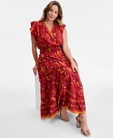 Vince Camuto Plus Printed Smocked-Waist Flutter-Sleeve Maxi Dress