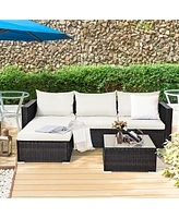 5PCS Patio Rattan Furniture Set Sectional Conversation Sofa w/ Table