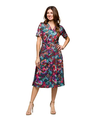 24seven Comfort Apparel Women's Short Sleeve Tie Waist Midi Dress
