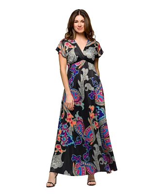 24seven Comfort Apparel Women's V Neck Empire Waist Cap Sleeve Maxi Dress