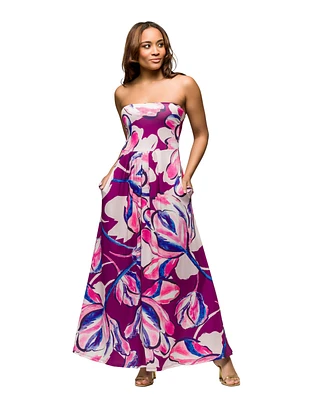 24seven Comfort Apparel Women's Purple Floral A Line Strapless Maxi Dress with Pockets