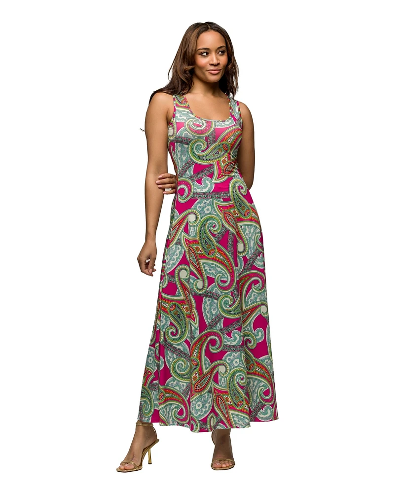 24seven Comfort Apparel Women's Hot Pink Paisley Print Scoop Neck A Line Sleeveless Maxi Dress