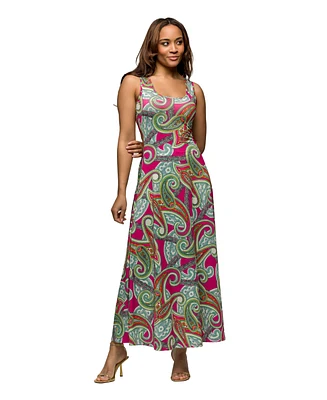 24seven Comfort Apparel Women's Hot Pink Paisley Print Scoop Neck A Line Sleeveless Maxi Dress