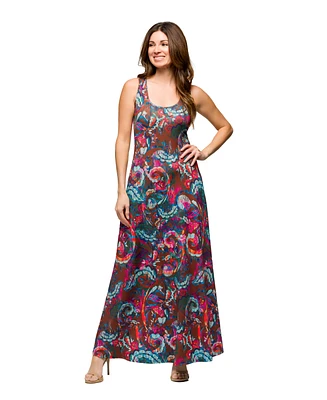 24seven Comfort Apparel Women's Pink and Brown Print Scoop Neck A Line Sleeveless Maxi Dress