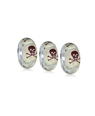 Bling Jewelry Set of 3 Glow In The Dark Skull Crossbones Glass Charm Bead Sterling Silver Core