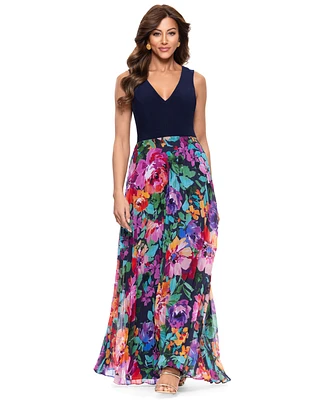 Xscape Petite Mixed-Media V-Neck Sleeveless Gown