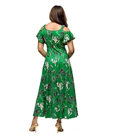 24seven Comfort Apparel Women's Green Floral Cold Sholder Ruffle Sleeve A Line Maxi Dress