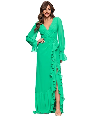 Xscape Women's V-Neck Ruffle-Trim Slit-Front Chiffon Gown