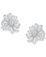Cubic Zirconia Round & Baguette Flower Stud Earrings in Sterling Silver
