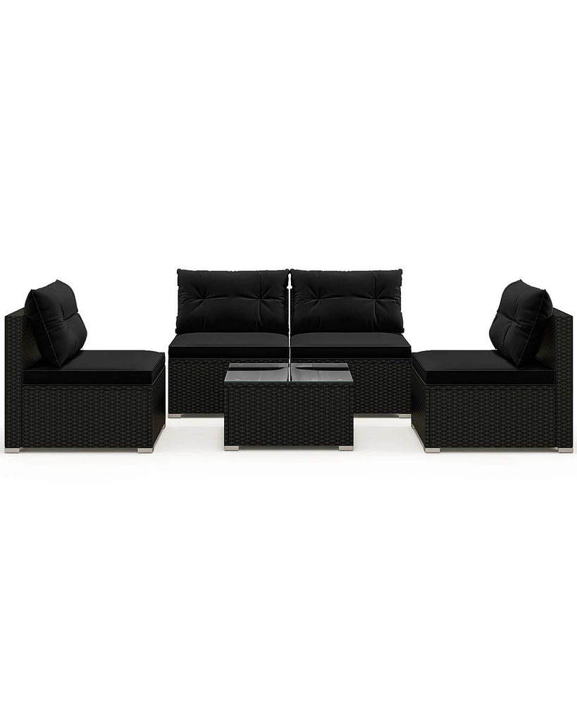 5 Piece Outdoor Furniture Set with Seat & Back Cushions Tempered Glass Tabletop
