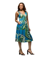 24seven Comfort Apparel Women's Midi Length Teal Paisley Print Sleeveless Pleated Pocket Dress