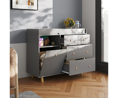 Diaper table with four drawers, baby changing station multiple storage compartments, grey wood