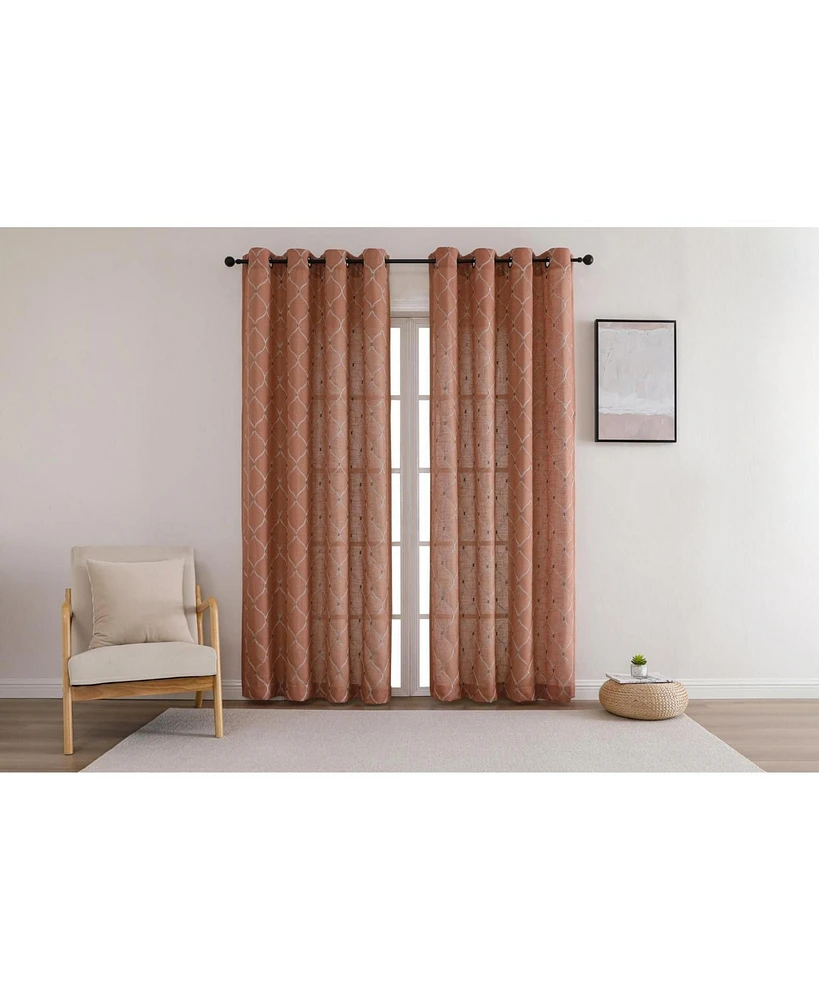 Kate Aurora 1 Piece Vienna Lux Embroidered Linen Blend Semi Sheer Grommet Window Curtain Panel - 84 in. Long