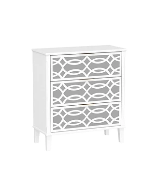 Bedside table featuring a nightstand with three mirrored drawers, white wooden construction, and gold-colored handles, designed for bedroom, living ro