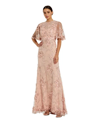 Mac Duggal Women's Flutter Sleeve Floral Embroidered Net Gown