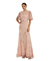 Mac Duggal Women's Flutter Sleeve Floral Embroidered Net Gown