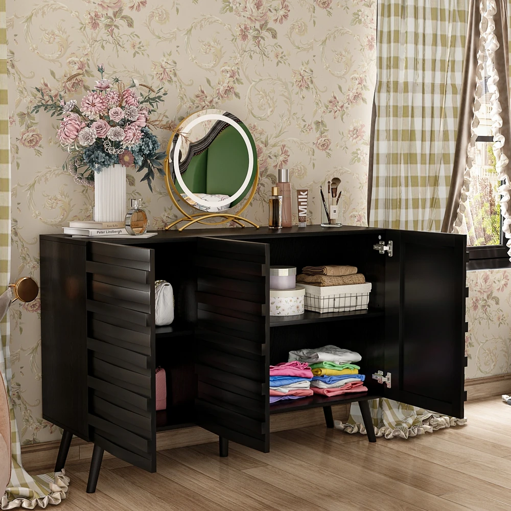 Nightstand with three cabinet doors, Side table embossed pattern, wood end table, Bedside for bedrooms, living rooms, offices